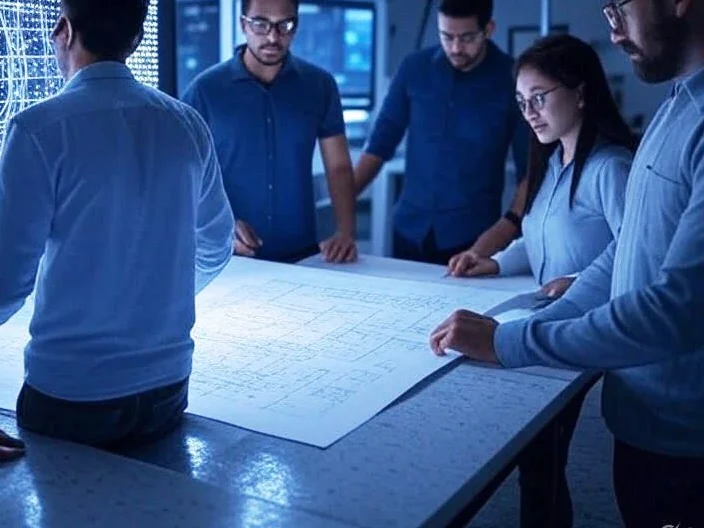 Engineers using CAD software to design LED modules